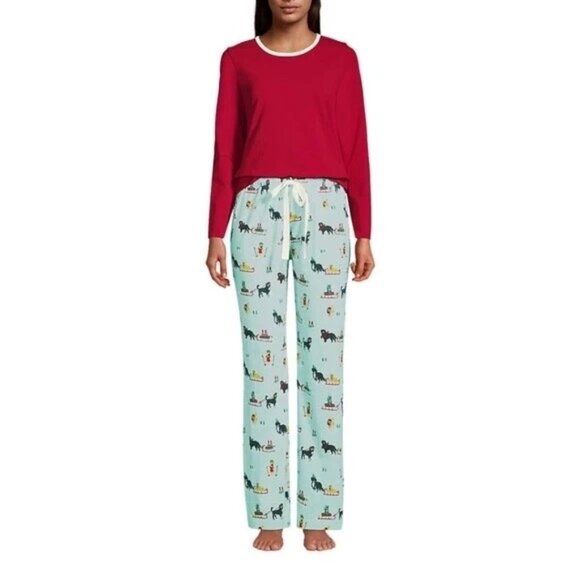 LANDS END Holiday Dog Cat Sleigh T-Shirt Drawstring Pant Knit Pajama Set MP NWOT - Picture 1 of 9